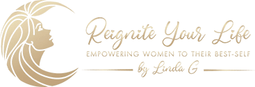 A green background with gold lettering that says reignite youth empowering women by linda