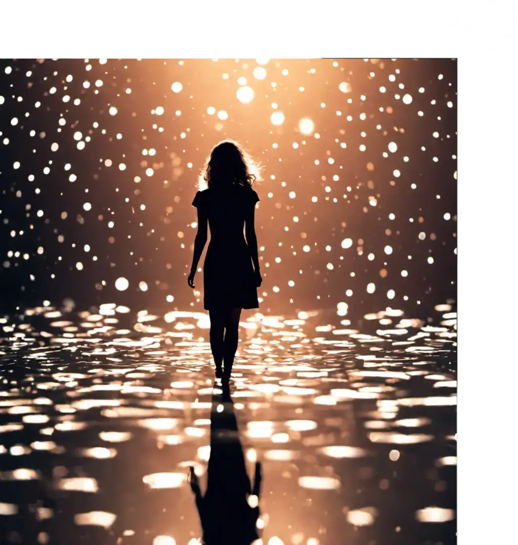 A woman walking in the water with lights